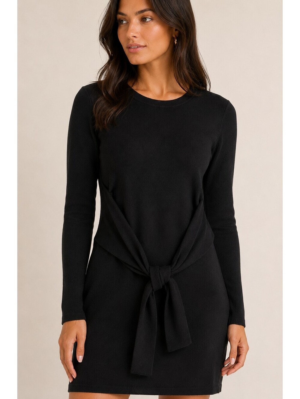 Tahari Black Tie Waist Knit Mini Dress XS Long Sleeve Sweater Stretch Bodycon